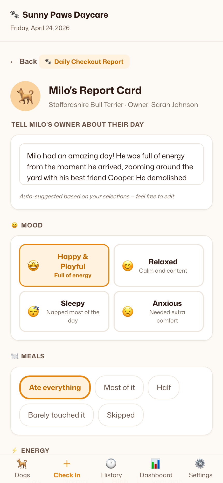 PawReport report card builder on mobile — staff selecting options in under 30 seconds