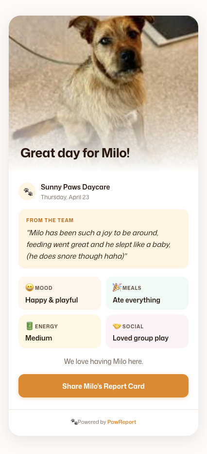 Milo's daily report card from Sunny Paws Daycare showing photo, mood, meals, energy, social, and a warm team note — delivered to pet owners via SMS